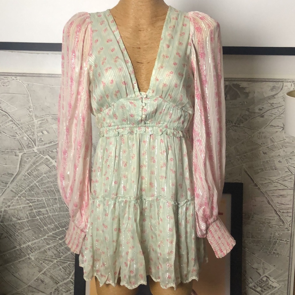 HEMANT & NANDITA Pastel Mint and Pink V-Neck Long Sleeve Mini Dress Size M